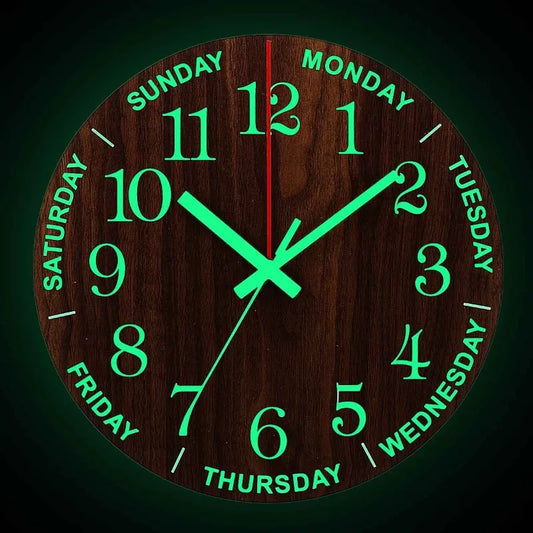 Luminous Wall Clock 12 Inch Wooden Silent Non-Ticking Kitchen Wall Clocks with Night Lights for Indoor/Outdoor Living Room