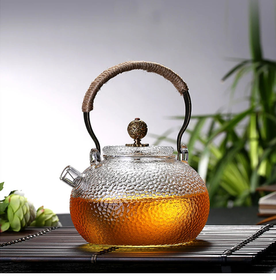 Ceainic de sticlă rezistent la temperaturi ridicate, set de ceai, ceainic de flori cu textură ciocănită manual, cu mâner pentru a face ceainic Gaiwan Pu Erh