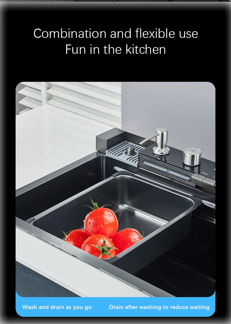 304 Stainless Steel Waterfall Kitchen Sink Large Single Slot Integrated Digital Display Faucet Set Soap Dispenser Cup Washer