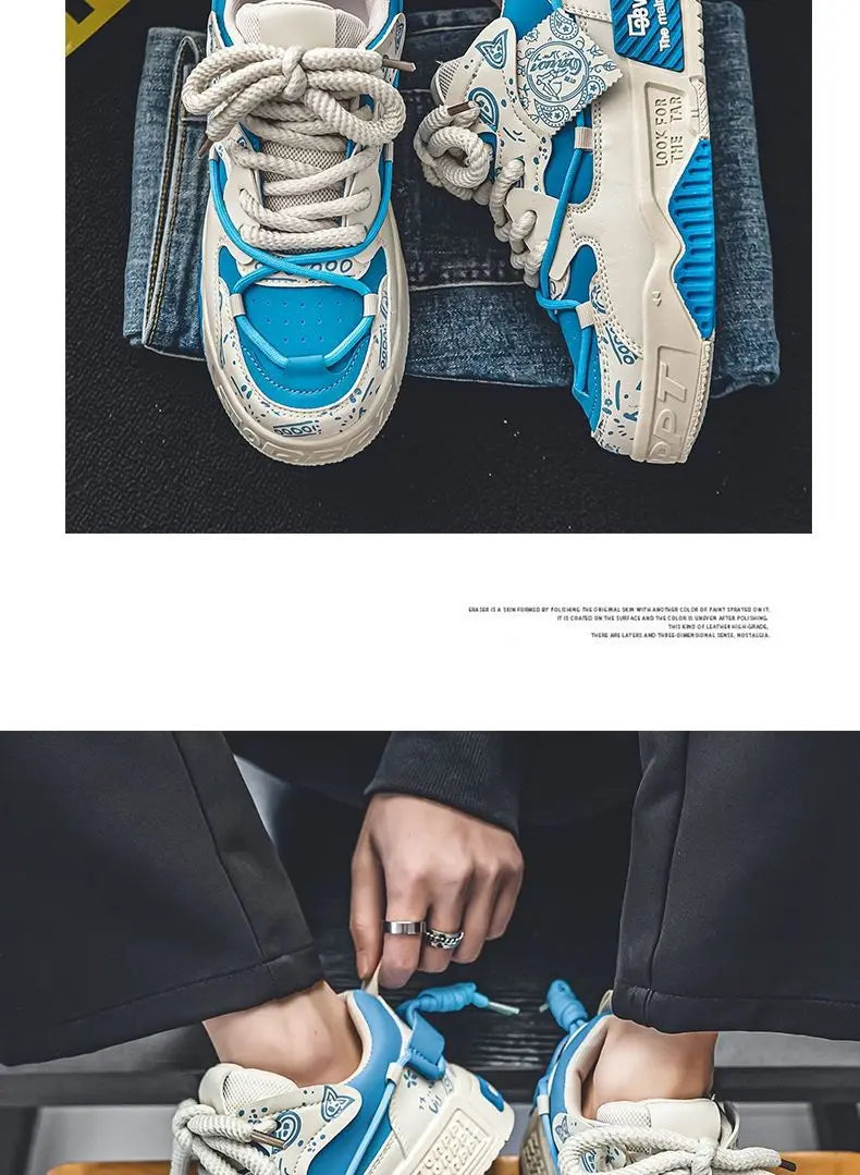 Mens Shoes 2025 Platform Sneakers New Trend Design Graffiti Skateboard Shoes Lace UP Soft Sole Non Slip Outdoor Sports Shoes