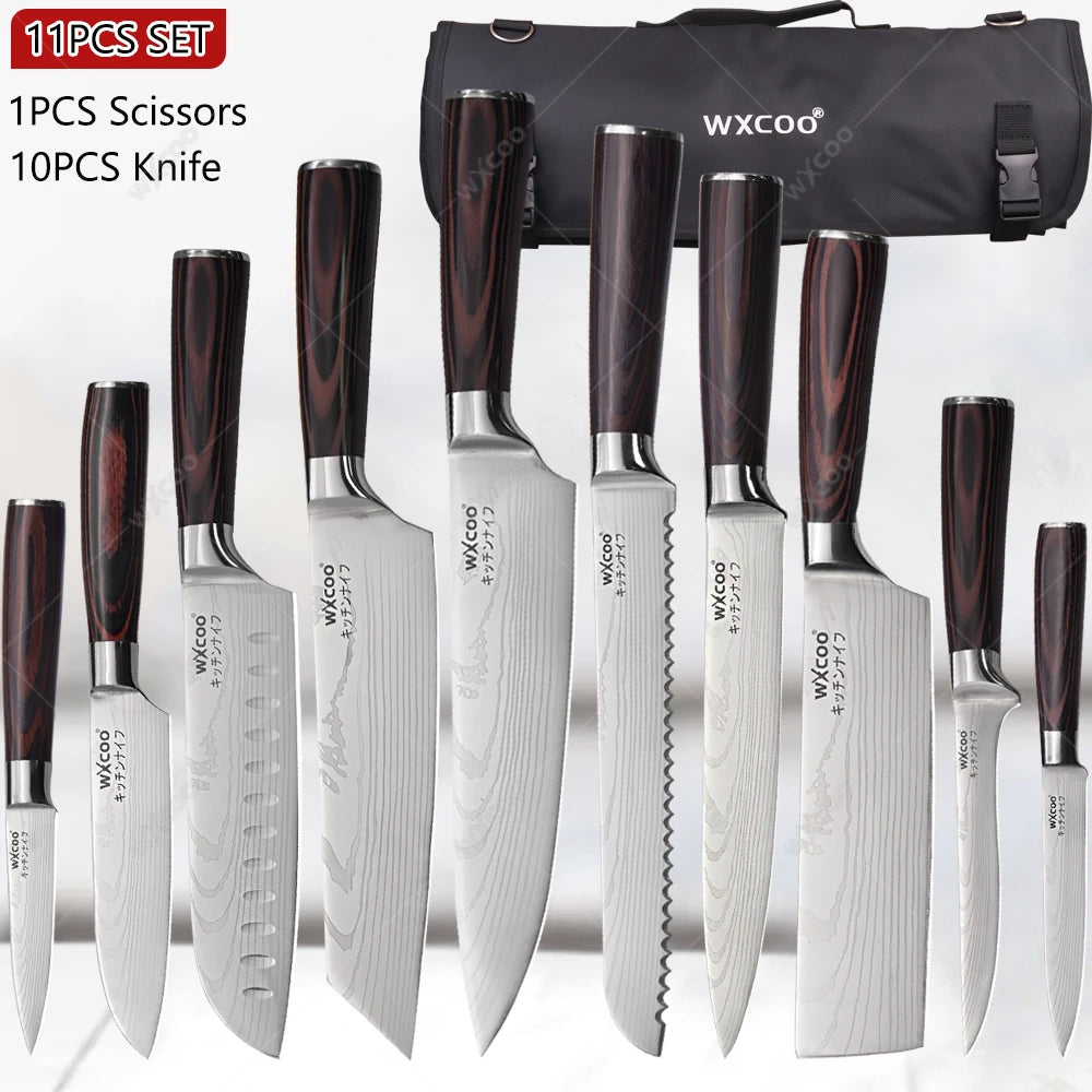 WXCOO Professional Kitchen Chef Knife Damascus Steel Laser Pattern Santoku Knife Double Side Magnetic Kitchen Knife Block