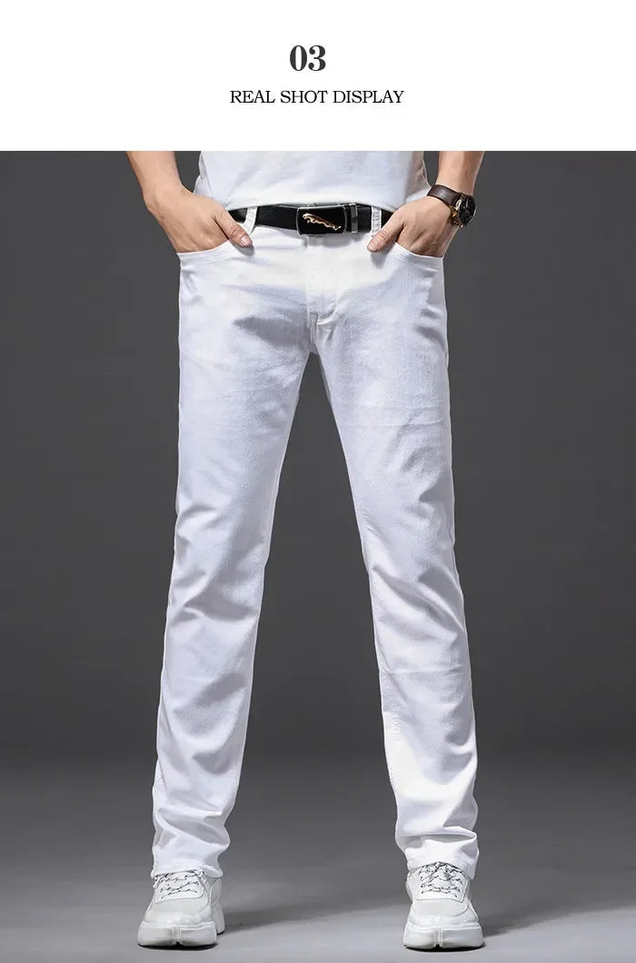 Four Seasons Men's White Jeans Fashion Casual Classic Style Slim Trousers Comfortable Soft Male Trendy Brand Stretch Pants
