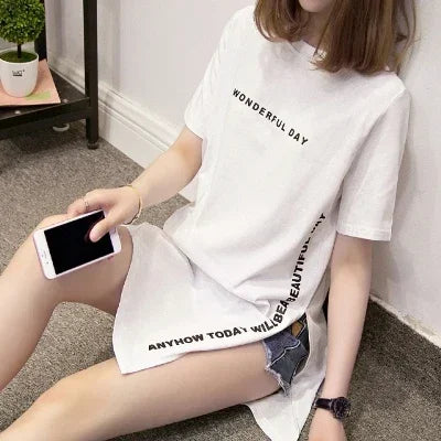 Women T-shirts Anime Y2k T Shirts Gothic tops 2023 Summer Loose Slit Femme Cotton T shirt Print Long Short Sleeve Ladies T-shirt