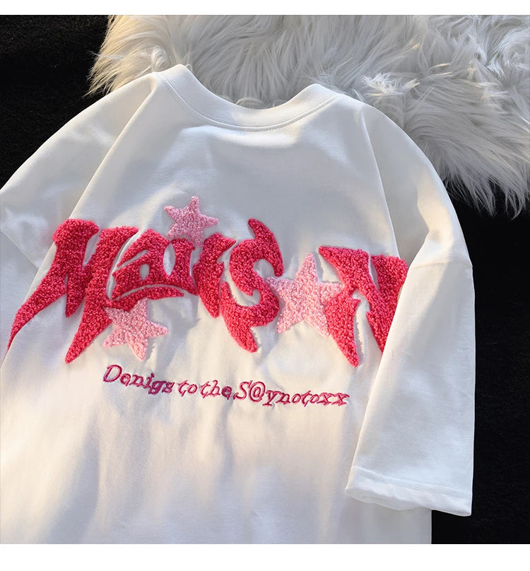 Embroidery Letter Fashion T-shirts for Women Summer 2024 American Vintage Women's Tee Shirt Fun Print Design Y2k Tops