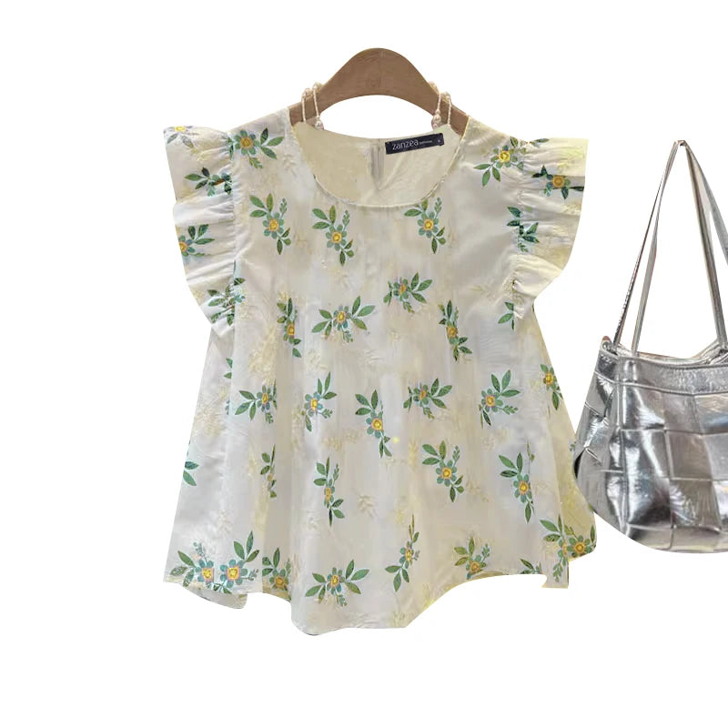 ZANZEA Fashion Spliced Ruffles Floral Blouses Women 2024 Summer Casual O Neck Embroidery Blusas Streetwear Sleeveless Tunic Tops