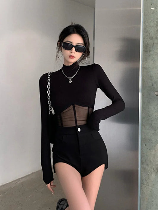 Summer Women T Shirt  Woman Clothes Long Sleeve Tops Spring Black Slim Tshirt Female Crop Top Tee elegant Skinny Y2k