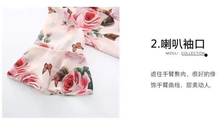 Elegant Fashion Floral Printed Bow Drawstring Chiffon Shirt Summer 2023 V-Neck Three Quarter Sleeve Slim Blouse Women's Clothing