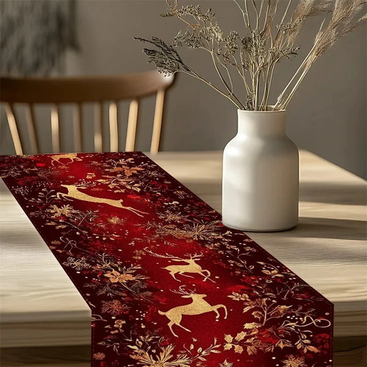 Christmas Table Runner many sizes 2D print burgundy gold snowflake linen feel polyester dining coffee warm