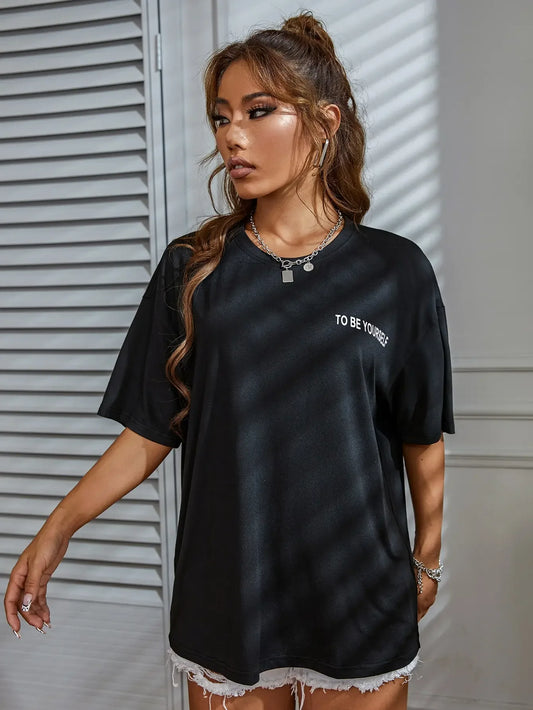 To Be Yourself Letter T-Shirts Women Street Funny Tshirt O-Neck Breathable Cotton Clothing Summer Fashion Casual T Shirt Female - Golden Bridge Store