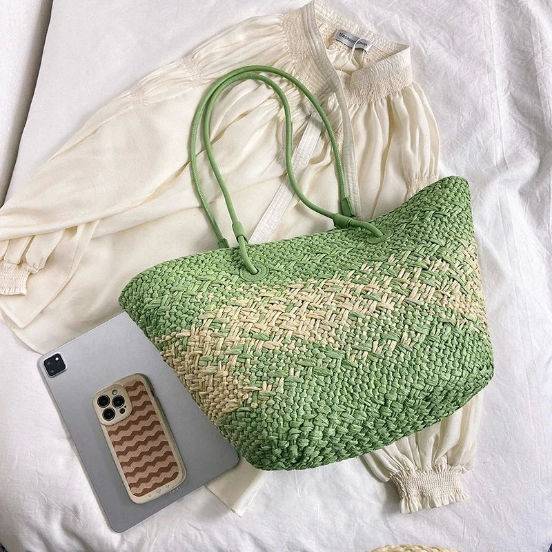 Geantă de plajă de vară, țesută manual, cu capacitate mare, din paie, cu design în gradient de culoare, pentru femei, geantă de umăr pentru călătorii și vacanțe