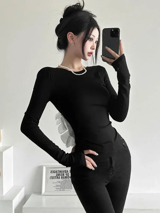 New elegant Tshirts for Women 2025 Ropa Mujer Patchwork Tops Tunic Long Sleeve Tees Backless Crop Fashion Casual Y2k T-shirt - Golden Bridge Store