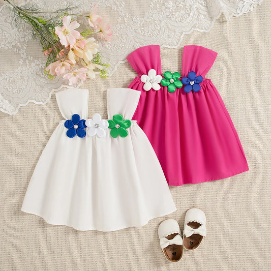 Baby Girl Dress Summer With Flower Decoration Halter Solid Color Girls' Dresses Cute Simple Girl Kid's Dress