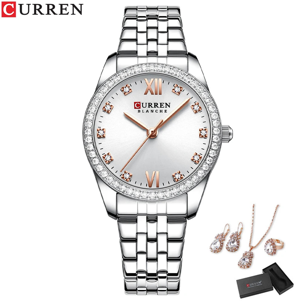 CURREN Luxus Uhr Damen Ring Halskette Ohrringe - Strass Mode Armbanduhr Weiblich Casual Damen Uhren Armband 5-teiliges Set