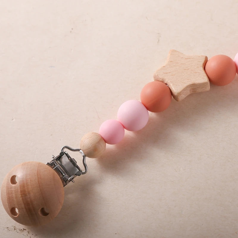 Lanț pentru suzeta bebelușilor, cu stele, personalizabile, cu mărgele, cleme din lemn pentru suzetă, fără BPA, lucrate manual, lanț pentru sugari, lanț pentru alăptarea sugarilor