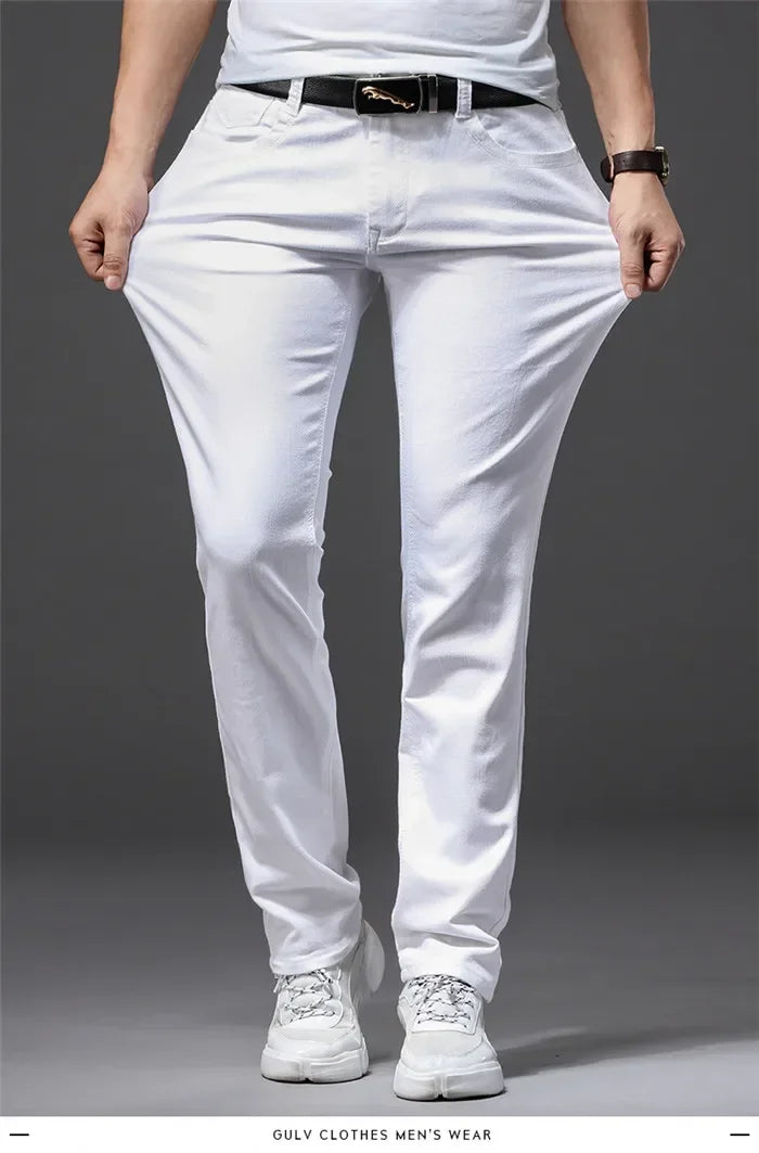 Four Seasons Men's White Jeans Fashion Casual Classic Style Slim Trousers Comfortable Soft Male Trendy Brand Stretch Pants