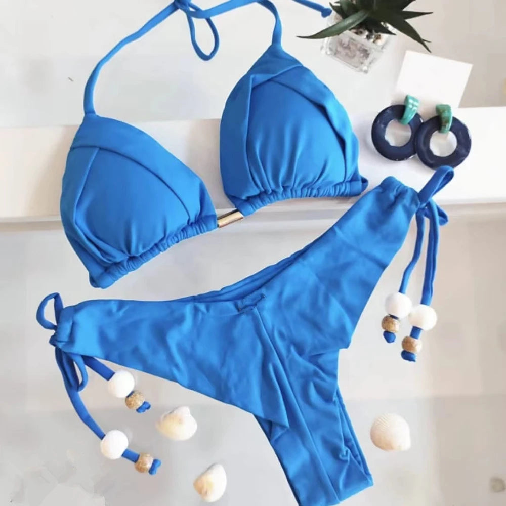 Set bikini pentru femei 2025 - costum de baie triunghiular cu halter brazilian, push-up, lanț metalic