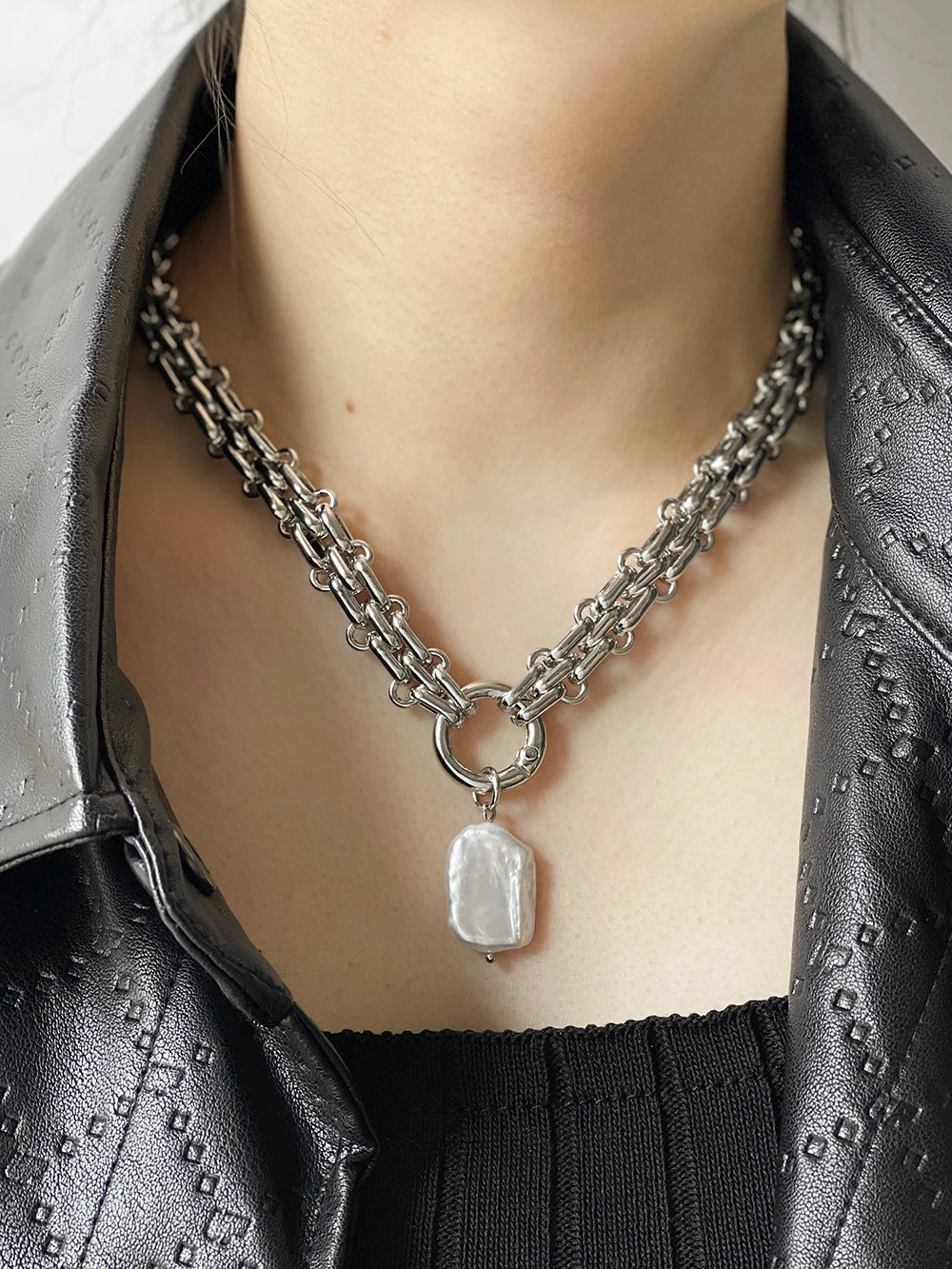 Peri'sBox Large Square Natural Freshwater Pearl Pendant Chunky Chain Necklace for Women Vintage Elegant Baroque Pearls Necklaces