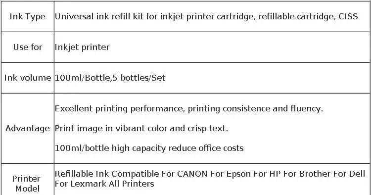 Aomya 5x100ml Tinte Universal Für Epson HP - BK CMY