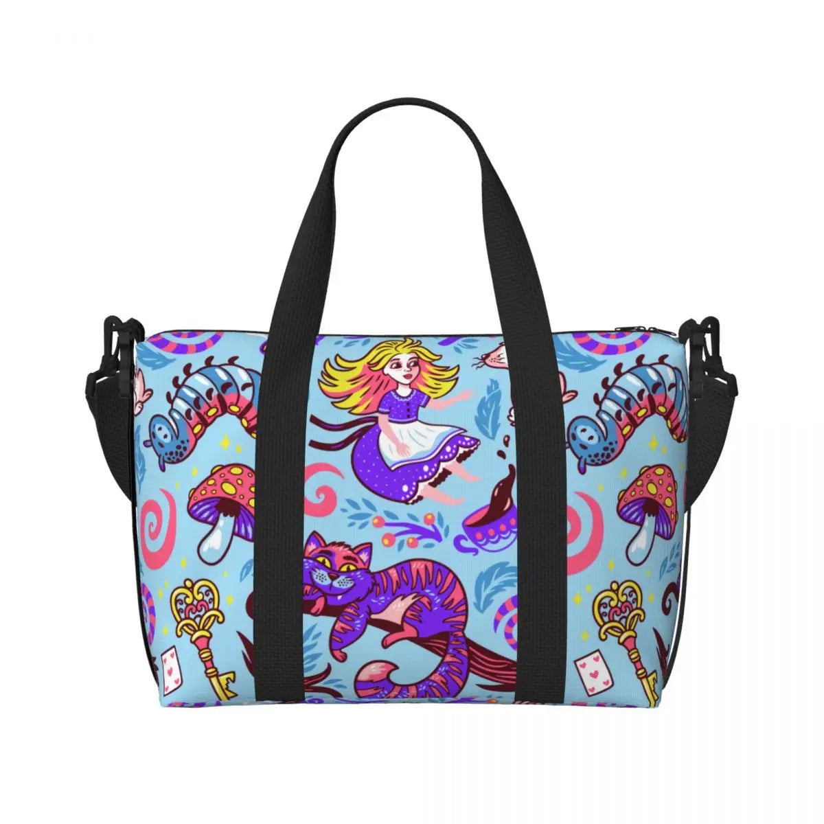 Geantă de plajă personalizată cu pisica Cheshire pentru femei, cu compartiment mare pentru sală și plajă, We're All Mad Here Cat