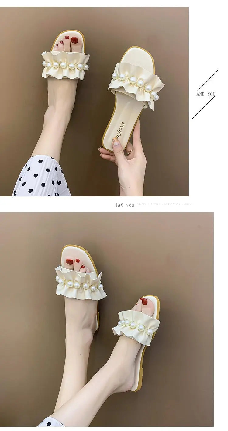 Women Slides Faux Pearl Decor Ruffle Trim Sandals Open Toe Wear-resistant Flat Slippers Summer Sandy Beach Sandals Women Shoes