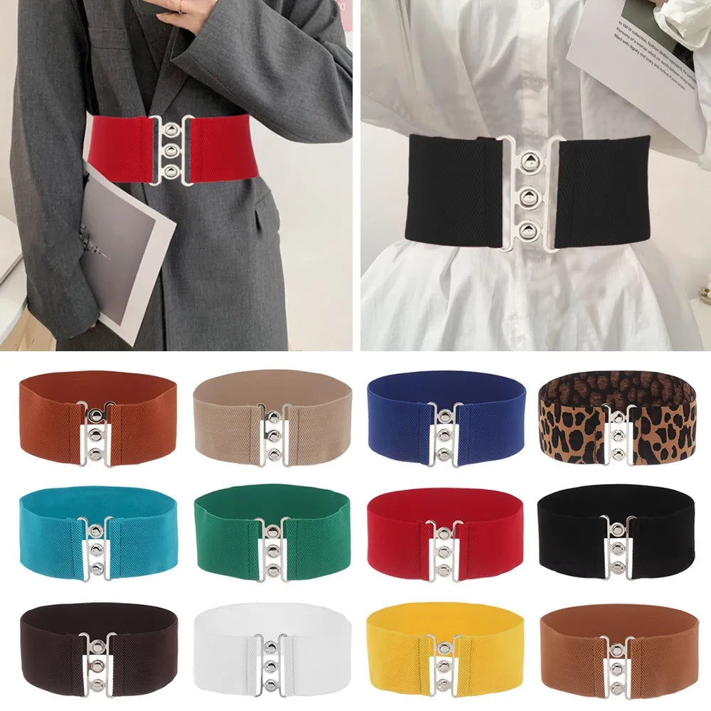 Women Fashion Wide Elastic Belt Metal Buckle Cinch Waistband Ladies Dress Waist Band Fashion Accessory
