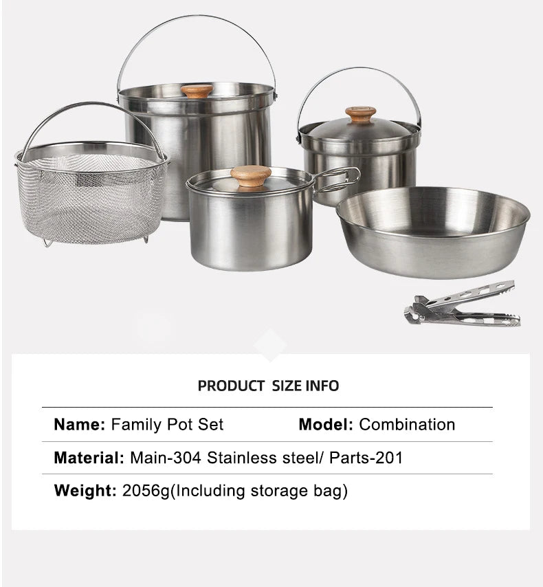 NOBANA Newest Outdoor Stainless Steel Pot Set Camping Family Pot Set 5L Portable Picnic Soup Pot Frying Steaming Household Pot