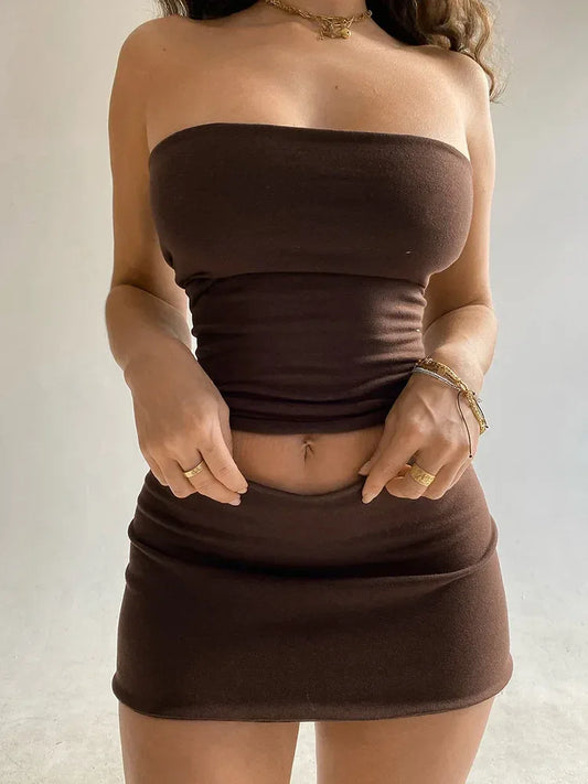 Dulzura Women 2025 Spring Tube Tops Mini Skirts Party Club Two Piece Matching Sets Vacation Outfits Wholesale Items For Business - Golden Bridge Store