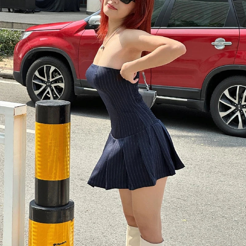 WhereMery Korean Women Fashion A-line Dress Y2K Sleeveless Slash-neck Pleated Stripe Dresses Spring Summer Elegant Slim Vestidos