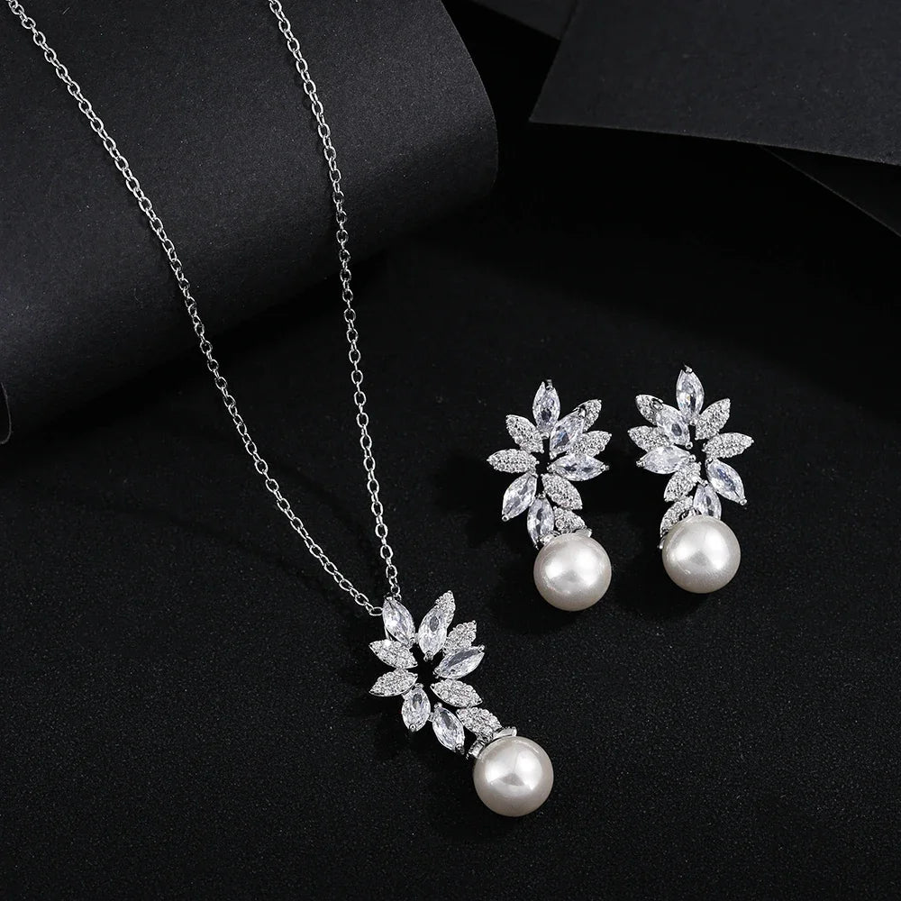 Luxus Silberfarbe AAA+ Cubic Zirkonia - Damen Große Perlen Halskette Anhänger und Ohrringe - Schmuck Sets Geschenk