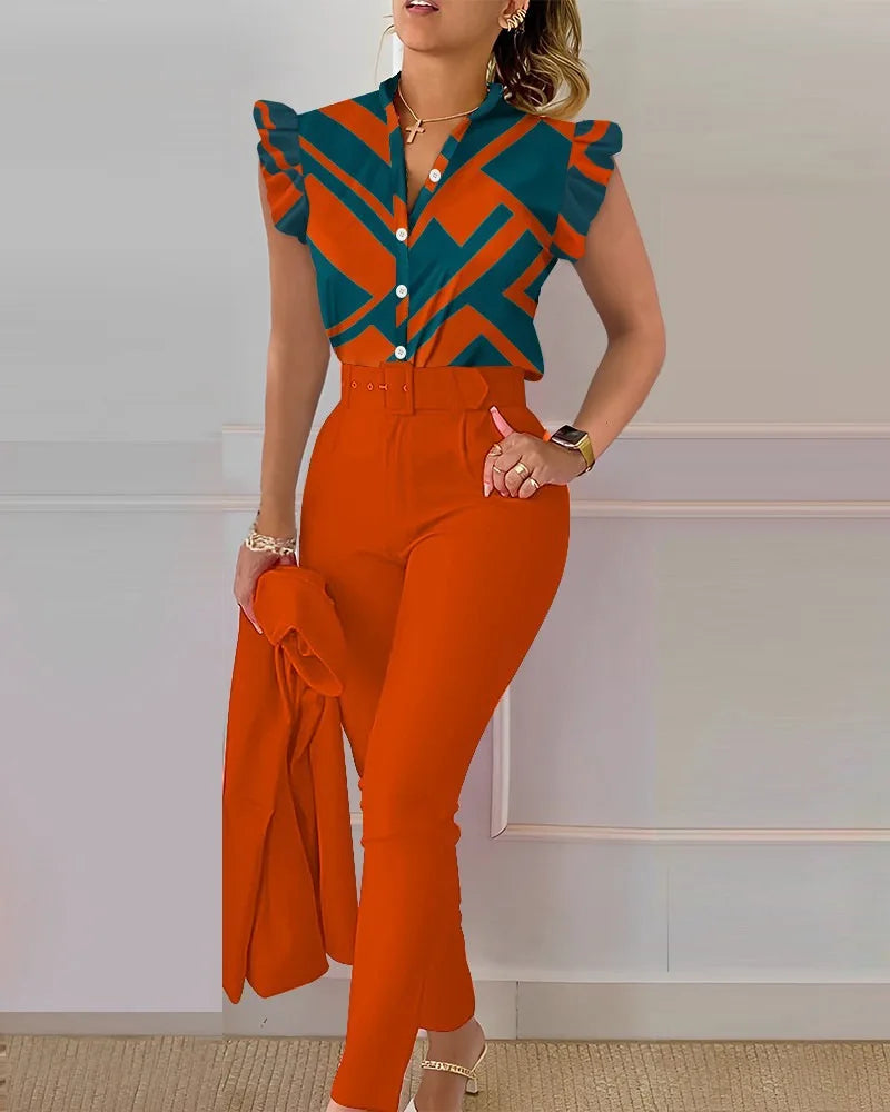 Femei elegante două piese set costume la modă nouă imprimate cu mâneci cu volane top culoare solidă pantaloni set cu curea bluze îmbrăcăminte feminină