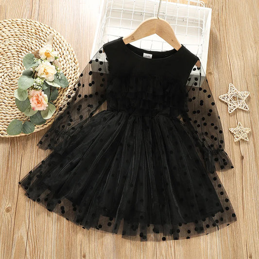 Spring and autumn style dress with round dots and lace, long sleeved solid black princess small and medium-sized girl dress