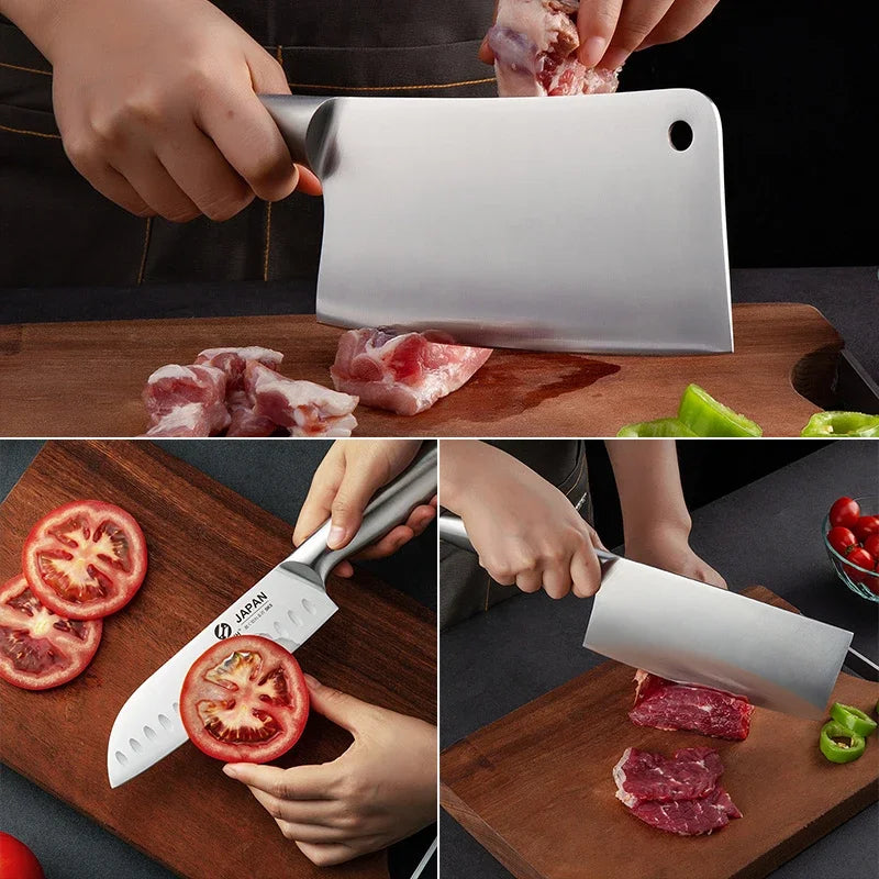 Chef Knife 7-piece Set Stainless Steel Hollow Handle Slice Meat Cleaver Chopping Knife Kitchen Scissors with Sharpening Rod