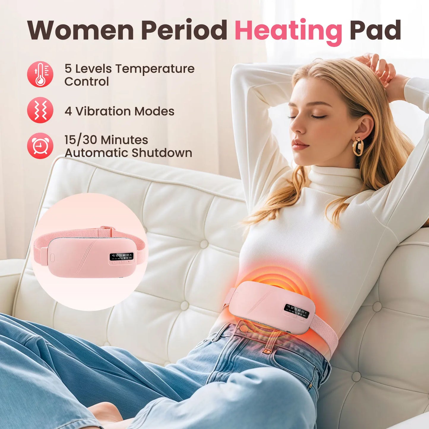 Centură uterină menstruală caldă pentru femei, burtă, ameliorarea durerilor, USB, 5 viteze, încălzire electrică, pad vibrator, abdomen, talie, masaj