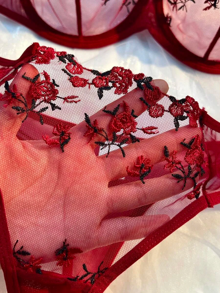 Fashion Embroidery Underwear Transparent Lingerie Sexy Floral Lace Short Skin Care Kits Delicate Fairy Set Woman 2 Pieces