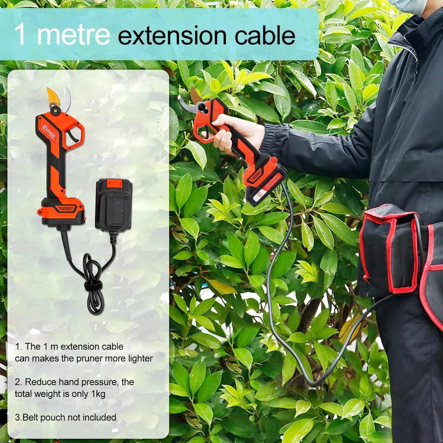OUTIGO Kabellose Elektrische Gartenschere - 25mm 2x1500mAh mit 2x 21V Akkus für Obstbäume und Weinberge