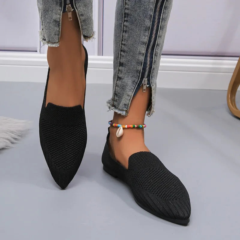 Elegant Office Women Loafers Ladies Hollow Knitting Breathable Solid Color Pointed Toe Mesh Shallow Mouth Flat Casual Shoes