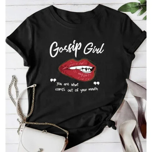 Femei tricou Gossip Girl buze roșii imprimare tricou femei mânecă scurtă O gât Loose tricou doamnelor vară casual tee shirt haine