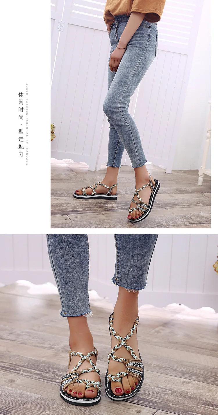 Women Sandals Summer Closed Toe Flat Romen Sandals Women Mixed Colors Rope Knot Sandals Women Casual Beach Sandals Plus Size