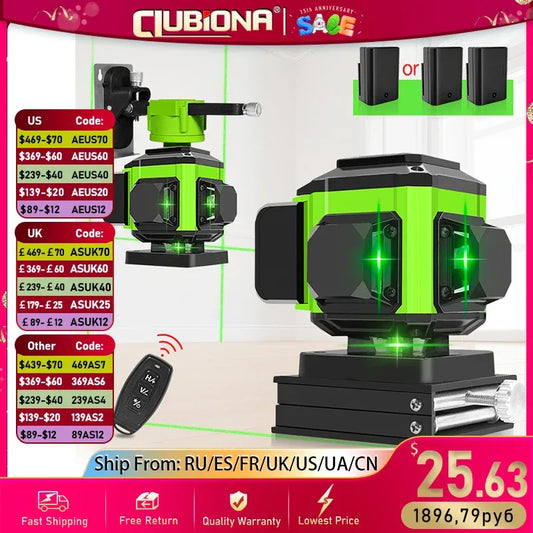 CLUBIONA 16/12 lines Self-leveling Remote Control Outdoor Mode - Receiver Auto 3x360 Green beam Line Laser Level - Golden Bridge Store