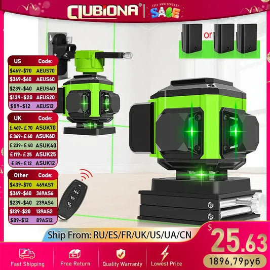 CLUBIONA 16/12 lines Self-leveling Remote Control Outdoor Mode - Receiver Auto 3x360 Green beam Line Laser Level - Golden Bridge Store