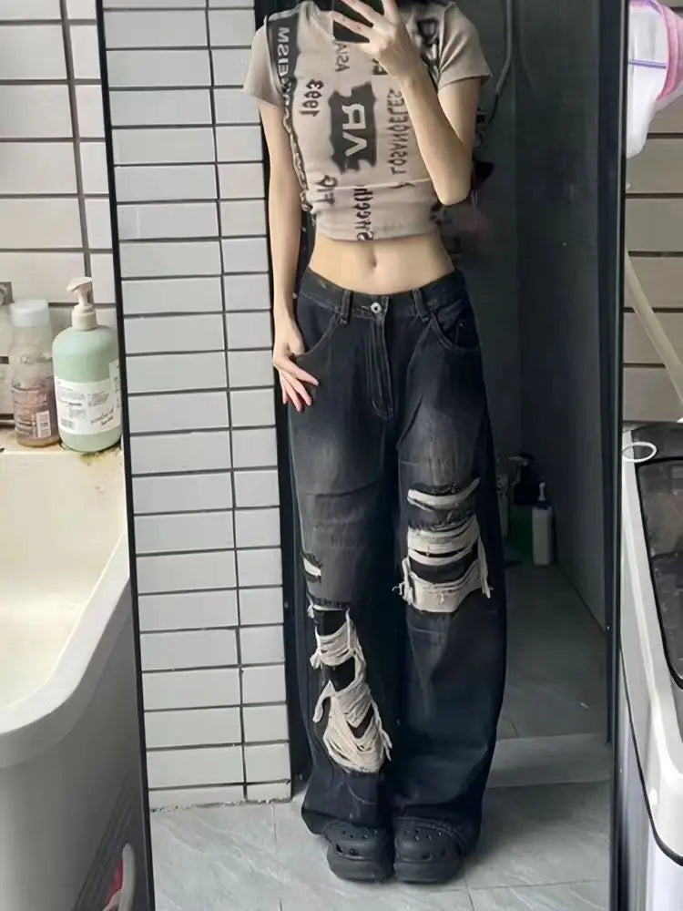 Jeans Women Hot Girls High Waist Chic Straight Trousers Simple Ripped American Street Loose Fall Fashion Leisure Newly All-match