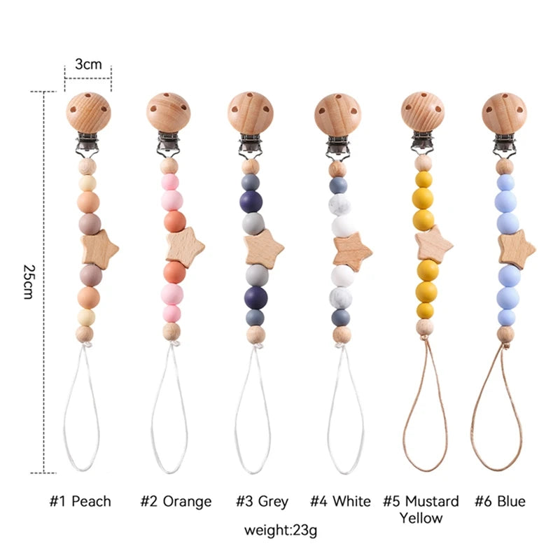 Lanț pentru suzeta bebelușilor, cu stele, personalizabile, cu mărgele, cleme din lemn pentru suzetă, fără BPA, lucrate manual, lanț pentru sugari, lanț pentru alăptarea sugarilor