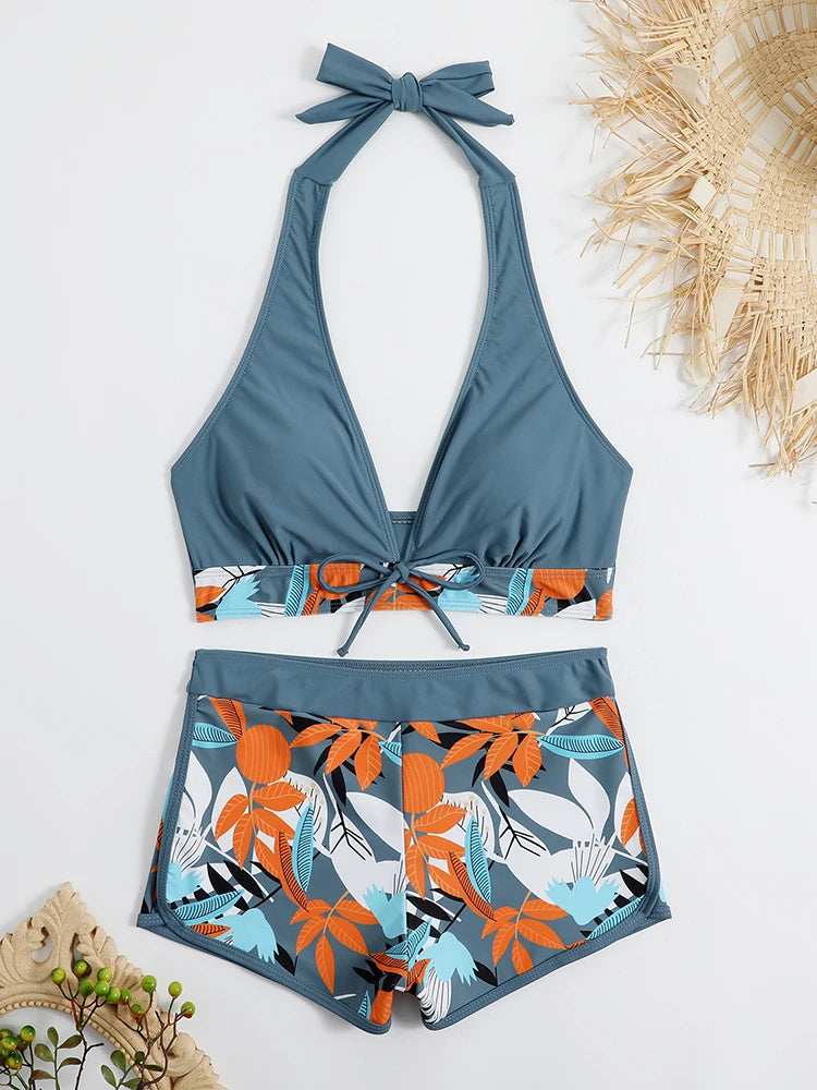 Halter Bikini Set: High Waist Design Wire-Free Support Spandex Polyester - Kurzer Schwimmanzug Frauen Bedruckte Bademode Polsterung Strandmode