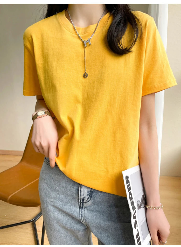 Women T-shirts 2025 Tops Solid Short Sleeve Loose O-neck Cotton Casual Ladies Shirts Harajuku Korean Summer Woman Tshirts