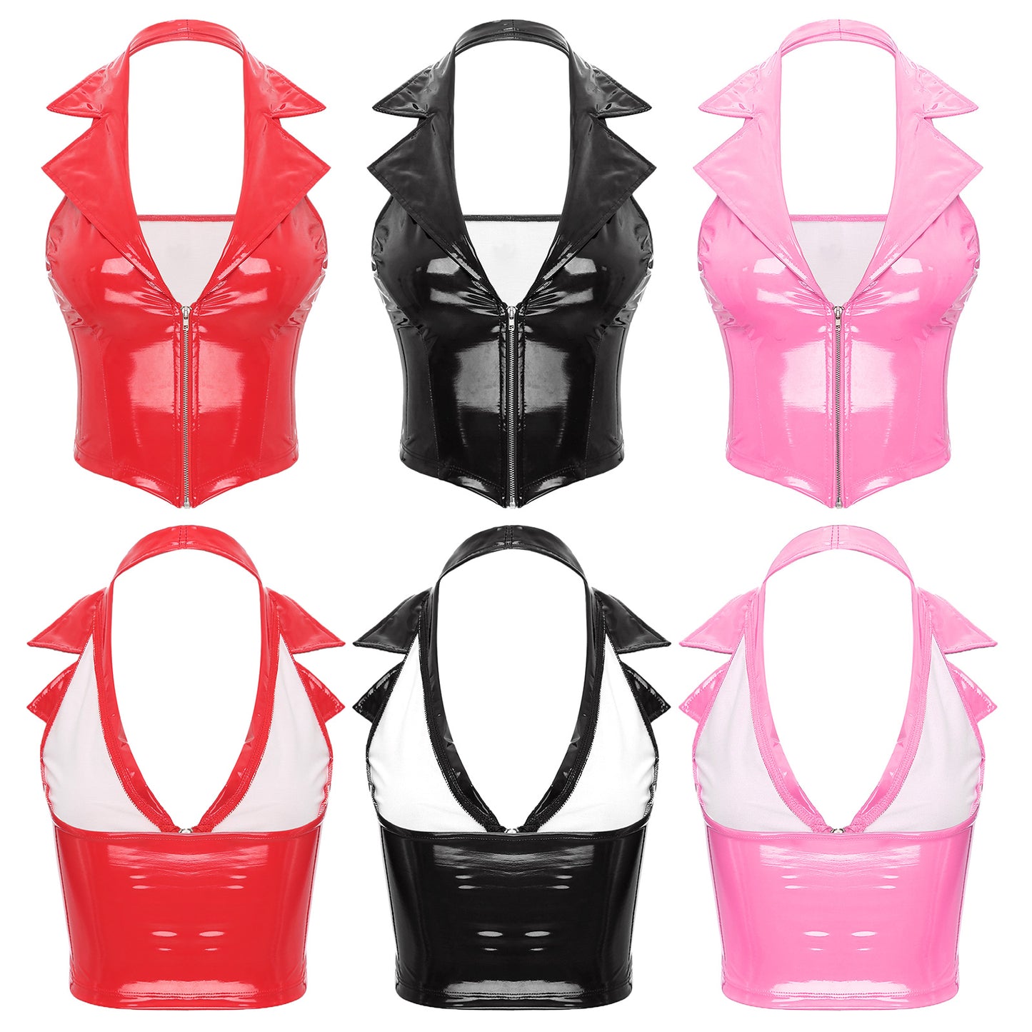 Vestă din latex cu decolteu adânc în V, fermoar frontal, vestă topuri, piele lăcuită lucioasă, rever crestat, Slim Fit, vestă camisol din piele PU