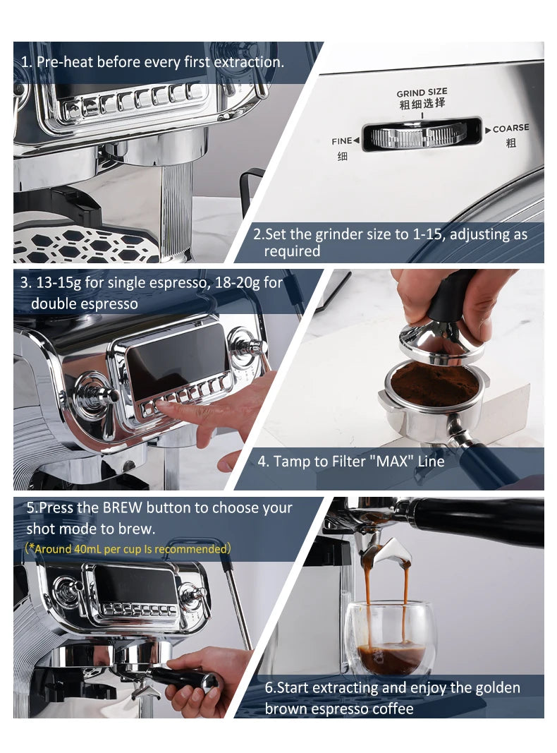 Mcilpoog TC530 Semi Automatic Coffee Machine with Grinder & Powerful Steamer,5.5-Inch Display,Coffee Maker for Home and Office.