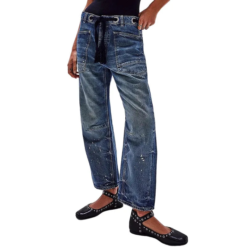 Jeans Women Denim Pants Straight Trousers Drawstring Long Pant Casual Loose Y2k Streetwear Button Pocket Splice Mom Jeans 2025 - Golden Bridge Store