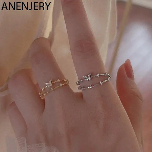 ANENJERY Silver Color Zircon Butterfly Double Layer Adjustable Ring For Women Light Luxury Shiny Accessories Girl Gift
