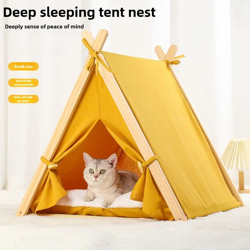 Pet Tent Nest Removable and Easy To Wash with Thick Soft and Comfortable Pad Warm Wooden Tent Bed Suitable for Cats and Dogs