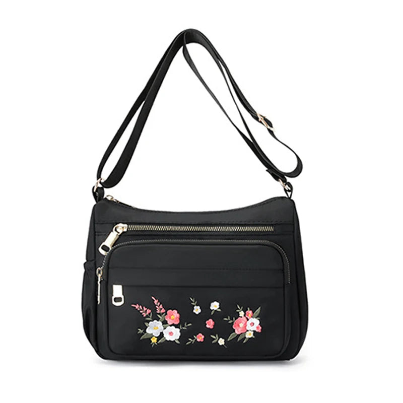Casual Crossbody Backpack Ladies Oxford Cloth Shoulder Bag Fashion Embroidery Flower Zipper Travel Handbag
